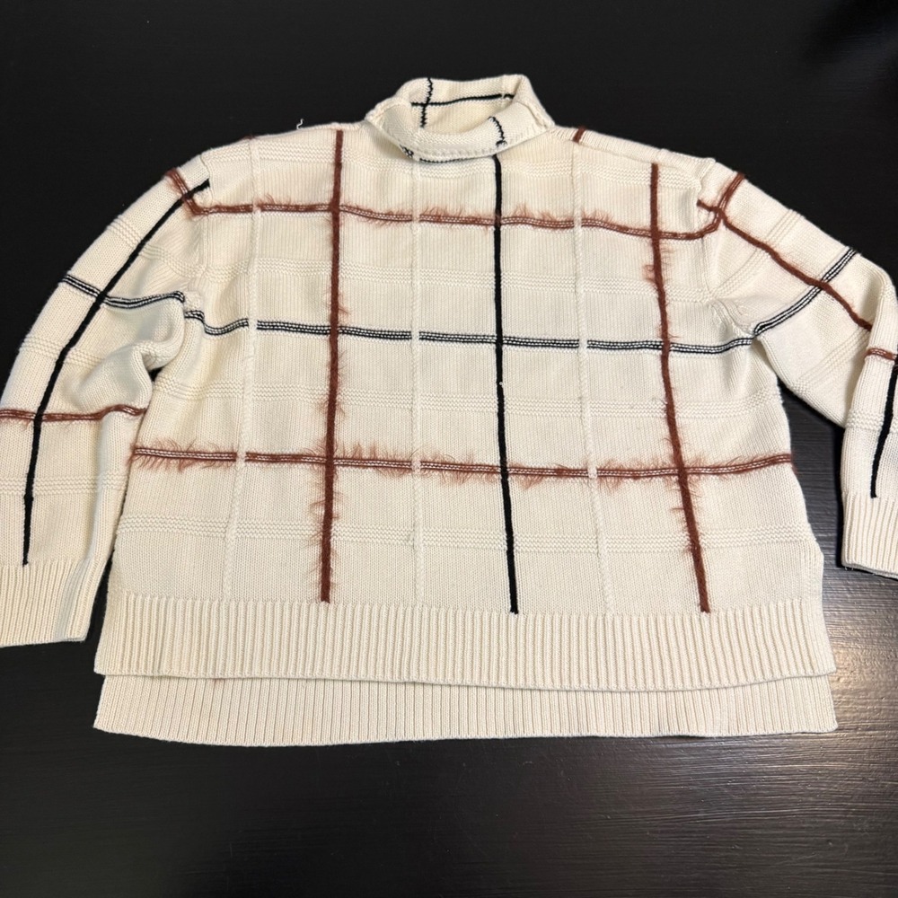 Calvin Klein Jeans Womens L Plaid Turtleneck Sweater Wool Blend Cream Brown